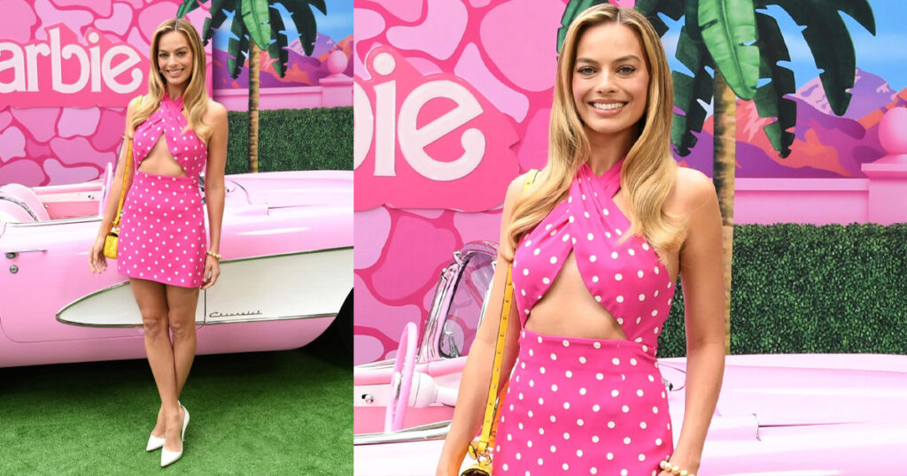 Margot Robbie Pink Polka Dot Dress - Barbie Press Tour