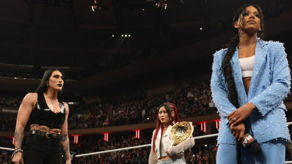 Rhea Ripley confronting Bianca Belair on RAW WWE with Iyo Sky