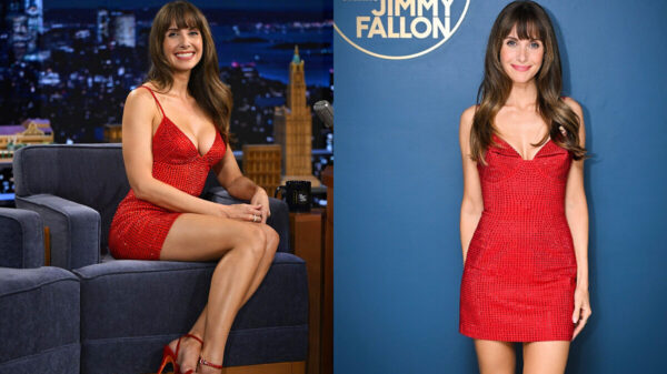 Alison Brie on The Tonight Show promoting 'Together' NBC - Short Red Dress