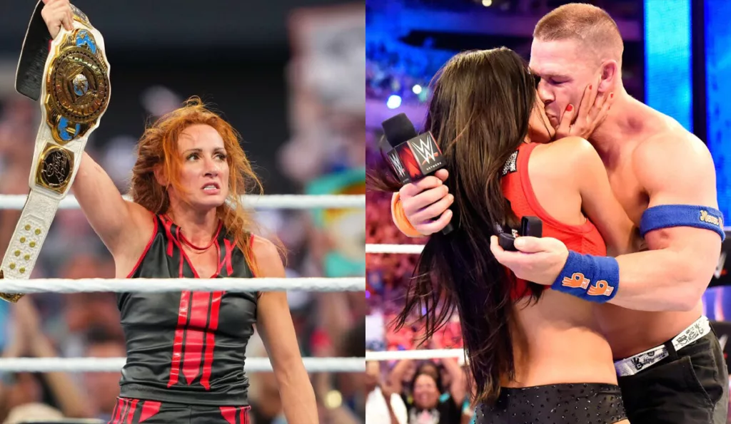 Becky Lynch and Nikki Bella John Cena Kiss WWE