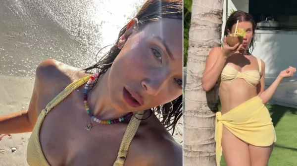 Millie Bobby Brown Stuns in a Yellow Bikini With Brass Belt Stacks